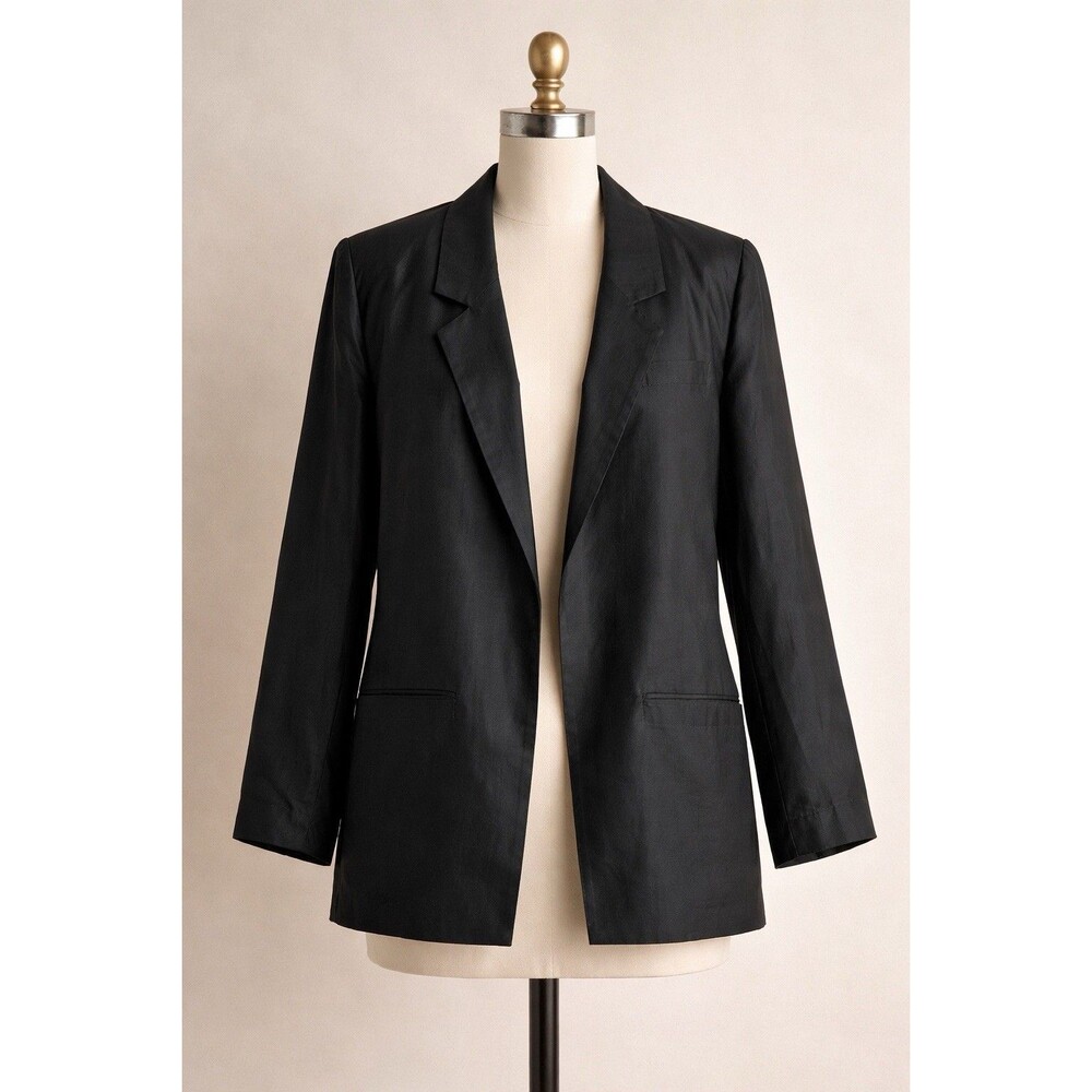 Black 100% Silk Blazer Women M Lightweight Classic Minimal Jacket - Picture 2 of 12